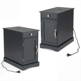 Juego de 2 Mesitas de Noche con Estación de Carga Mueble de Madera con Cajón Armario y Estante Ajustable Negro