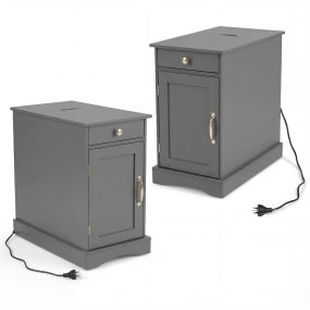 Juego de 2 Mesitas de Noche con Estación de Carga Mueble de Madera con Cajón Armario y Estante Ajustable Gris