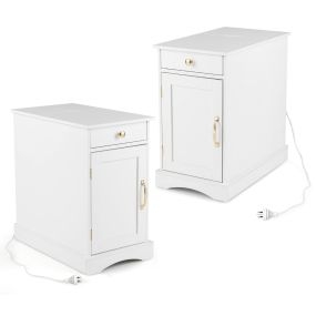 Juego de 2 Mesitas de Noche con Estación de Carga Mueble de Madera con Cajón Armario y Estante Ajustable Blanco