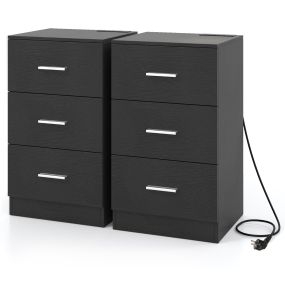 Juego de 2 Mesitas de Noche Estación de Carga 3 Cajones Puerto USB Antivuelco Moderna Sala Dormitorio Mesa Auxiliar Negro