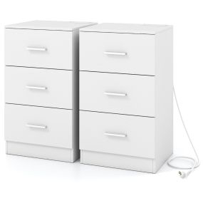 Juego de 2 Mesitas de Noche Estación de Carga 3 Cajones Puerto USB Antivuelco Moderna Sala Dormitorio Mesa Auxiliar Blanco