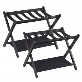 Juego de 2 Portaequipajes Plegables de 2 Niveles de Madera de Caucho con Estantes de Nailon y Estructura en X para Dormitorio Hotel Negro