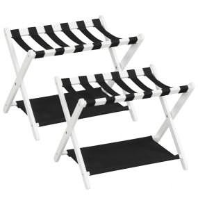 Juego de 2 Portaequipajes Plegables de 2 Niveles de Madera de Caucho con Estantes de Nailon y Estructura en X para Dormitorio Hotel Blanco