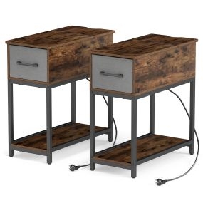 Juego de 2 Mesa Auxiliar Estrecha con Estación de Carga Luces USB Cajón y Estante Industrial 60 x 29 x 62cm Marrón Rústico y Gris