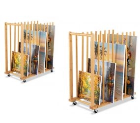 Caballetes de almacén de bambú natural, juego de 2, 7 espacios, con ruedas y freno, 50 kg, 75 x 40 x 81 cm