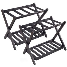 Juego de 2 soportes para maletas plegables de bambú negro de doble nivel 68 x 41 x 57 cm