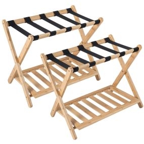 Juego de 2 soportes plegables para maletas de bambú natural doble nivel 68 x 41 x 57 cm