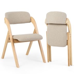 Silla de comedor plegable de madera de caucho, juego de 2, tapizada beige, 53 x 61 x 81 cm