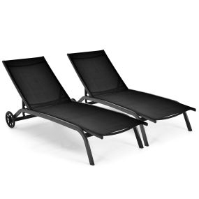 Juego de 2 tumbonas con ruedas de tejido de secado rápido y respaldo reclinable 6 posiciones para exterior negro