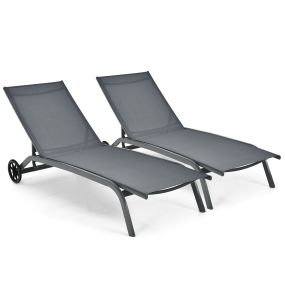 Juego de 2 tumbonas con ruedas de tejido de secado rápido y respaldo reclinable 6 posiciones gris