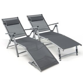 Tumbona de aluminio plegable reclinable con almohada de tela Teslin gris 2 unidades 140,5 x 65 x 94 cm