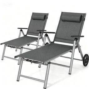 Juego de 2 tumbonas exteriores con ruedas, almohada y bastidor de aluminio ajustable, gris metalizado