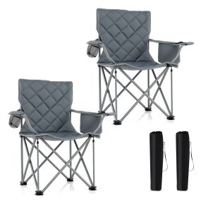 Juego de 2 Sillas de Camping Extragrandes Plegables Alta Resistencia Portavasos Acolchadas Bolsa Transporte para Senderismo Pesca Gris