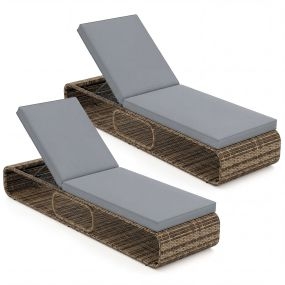Juego de 2 Tumbonas Exterior Mimbre PE 7 Posiciones con Respaldo Ajustable Cojín Almacenamiento para Piscina Patio Jardín Gris