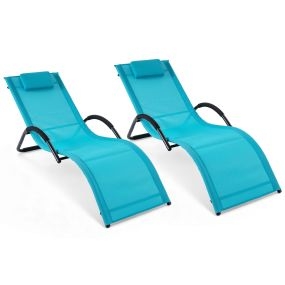 Juego de 2 Tumbonas Exterior con Marco Curvo Reposacabezas Extraíble y Reposabrazos Ergonómicos para Patio Playa Carga 160kg Azul