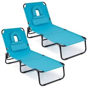 Juego de 2 tumbonas plegables turquesa de tela, 4 posiciones, reclinables, con almohada, 150 kg