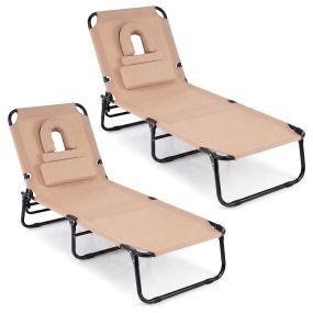 Juego de 2 tumbonas plegables beige de tela, 4 posiciones, reclinables, con almohada, 150 kg