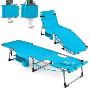 Juego de 2 Tumbonas Plegables de Playa con Abertura para Cara y Almohada Extraíble Respaldo en 4 Posiciones con Correa y Asa para Piscina Jardín Azul