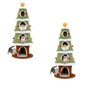 Juego de 2 Piezas Árbol Para Gatos Tres Pisos Navideño Rascador Sisal Gran Carga Antideslizante 60 x 60 x 154 cm Verde