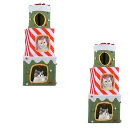 Juego de 2 Piezas Árbol Para Gatos Tres Refugios Navideño Suave Peluche Antideslizante Seguro Fácil Montaje 49 x 49 x 120 cm Verde