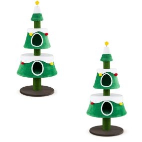 Juego de 2 Piezas Árbol Para Gatos Alto 156 cm forma de árbol navideño cinco niveles dos casitas Suave Felpa Verde Blanco y Marrón