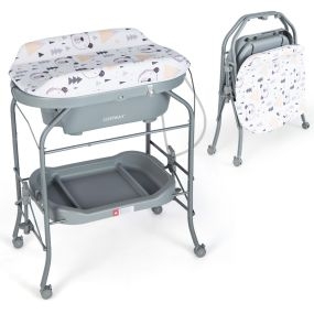 Cambiador de bebés con bañera portátil plegable de PVC gris con 4 ruedas y bandeja de almacenamiento