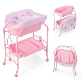 Cambiador de bebés con bañera portátil plegable de PVC con bandeja de almacenamiento y 4 ruedas universales rosa