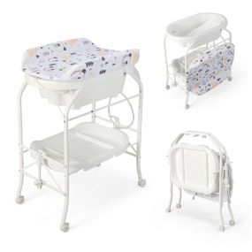Cambiador de bebés con bañera portátil plegable de PVC blanco con 4 ruedas y bandeja de almacenamiento