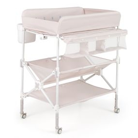 Mesa cambiador portátil plegable con ruedas, impermeable, altura ajustable y bote de basura, rosa claro