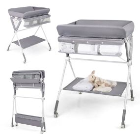 Mesa cambiadora portátil para bebé plegable con altura ajustable, organizador, cesta, estante y ruedas con freno, gris