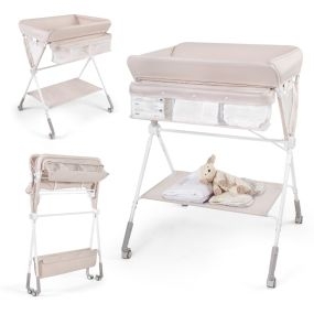 Mesa cambiadora portátil para bebé plegable con altura ajustable, organizador, cesta, estante y ruedas con freno beige