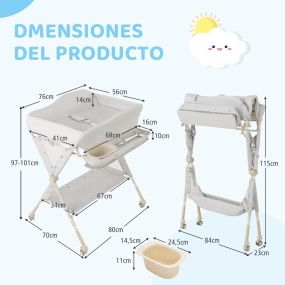Mesa de cambio de pañales plegable para bebé con cesta de almacenaje, ruedas y 3 alturas ajustables gris