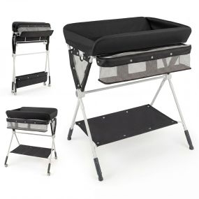 Mesa cambiadora portátil para bebé plegable con altura ajustable, organizador, cesta, estante y ruedas con freno, negro