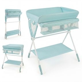 Mesa cambiadora portátil para bebé plegable con altura ajustable 3 niveles, organizador, cesta, estante, ruedas con freno, turquesa