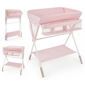 Mesa cambiadora portátil para bebé plegable con altura ajustable, organizador, cesta, estante, ruedas con freno, rosa