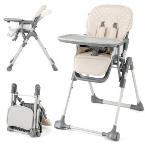 Silla alta plegable para bebés y niños pequeños, trona portátil ajustable con reposapiés, cojín PU beige