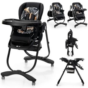 Trona de bebé plegable con ruedas giratorias, 7 alturas ajustables, bandeja y respaldo negro