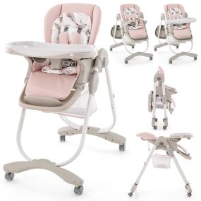 Trona de bebé plegable con ruedas giratorias, 7 alturas ajustables, reposapiés, respaldo y bandeja rosa