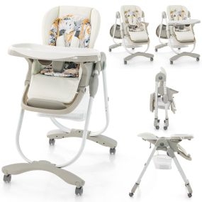 Trona de bebé plegable con ruedas giratorias, 7 alturas ajustables, reposapiés, respaldo y bandeja blanca