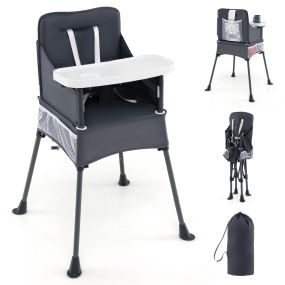 Trona portátil de viaje plegable para bebé con bandeja ajustable y cinturón de seguridad gris