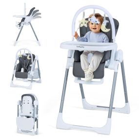 Trona plegable portátil para bebés y niños con altura ajustable, respaldo reclinable y arnés gris oscuro