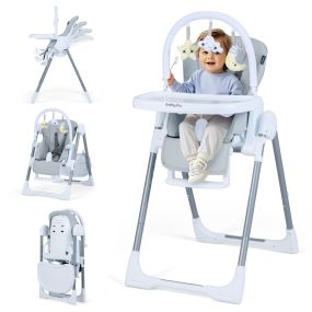 Trona plegable para bebés y niños con altura ajustable, respaldo reclinable, reposapiés y arnés gris claro