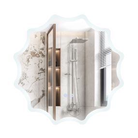Espejo de baño LED 60 x 60 cm con botón táctil, borde ondulado, 3 colores y antivaho, plata