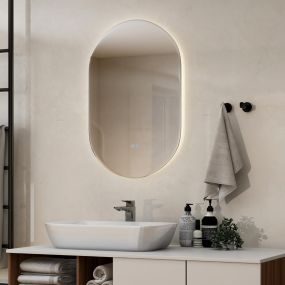 Espejo de pared LED ovalado 80 x 50 cm para baño con luz regulable y antiniebla
