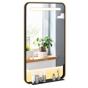 Espejo de baño LED antivaho 3 colores y brillo ajustable marco de aluminio con estante 88,5x50 cm negro