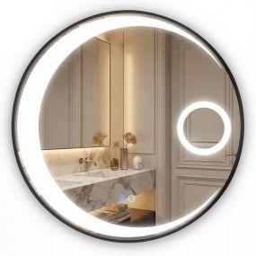 Espejo LED redondo 61 cm para baño con marco de aluminio, antivaho y 3 colores de luz negro