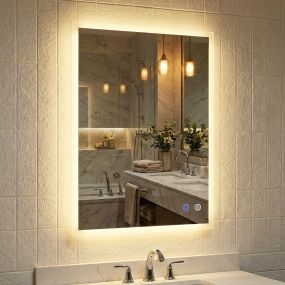 Espejo LED rectangular para baño 80 x 60 cm con antivaho, memoria y 3 colores de luz, control táctil