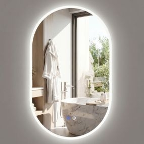 Espejo de pared para baño ovalado 90x55 cm sin marco con LED, vidrio templado HD y antivaho, 3 modos de color ajustable