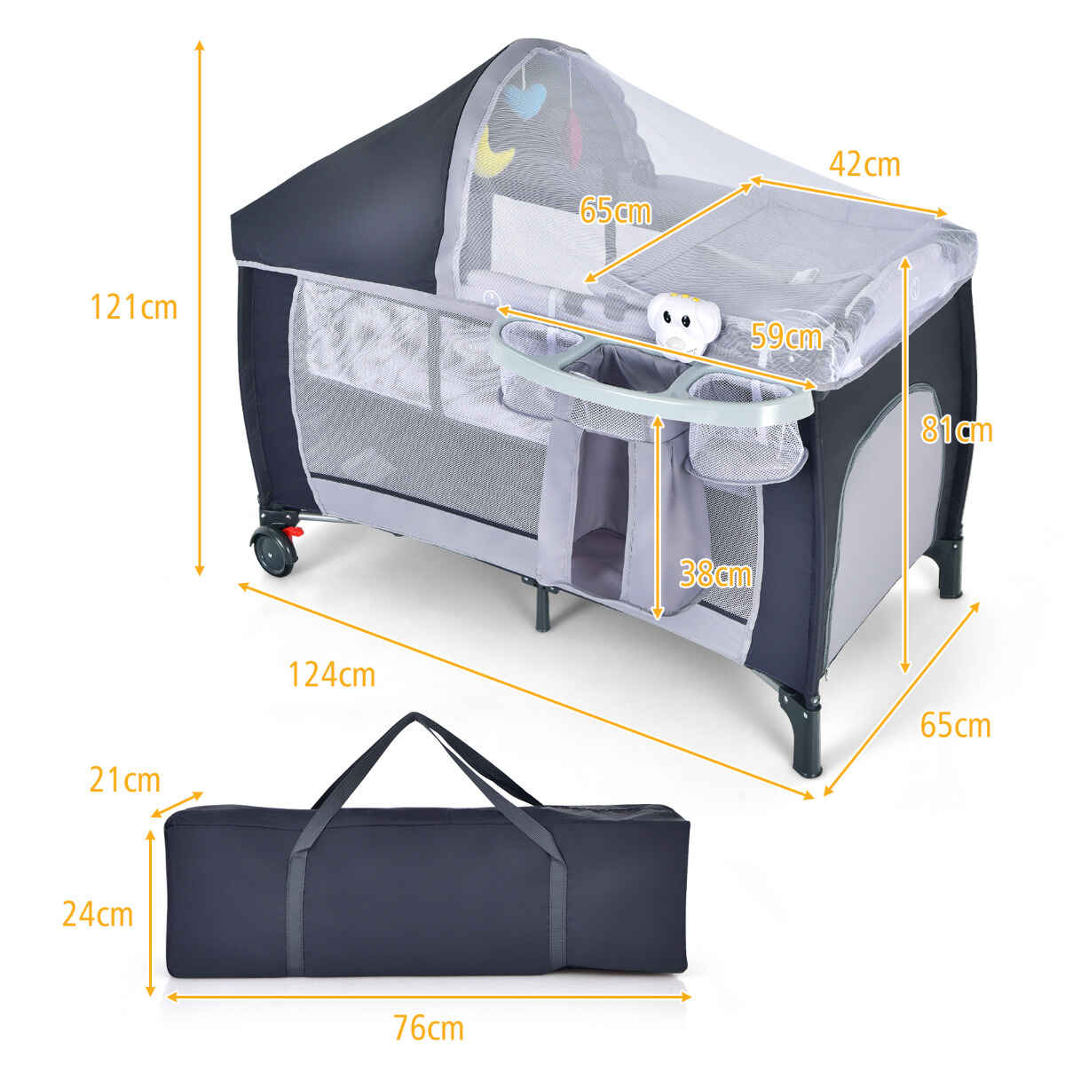 Cuna plegable para niños con mosquitera, cambiador, 2 niveles y ruedas, 124 x 65 x 121 cm, gris