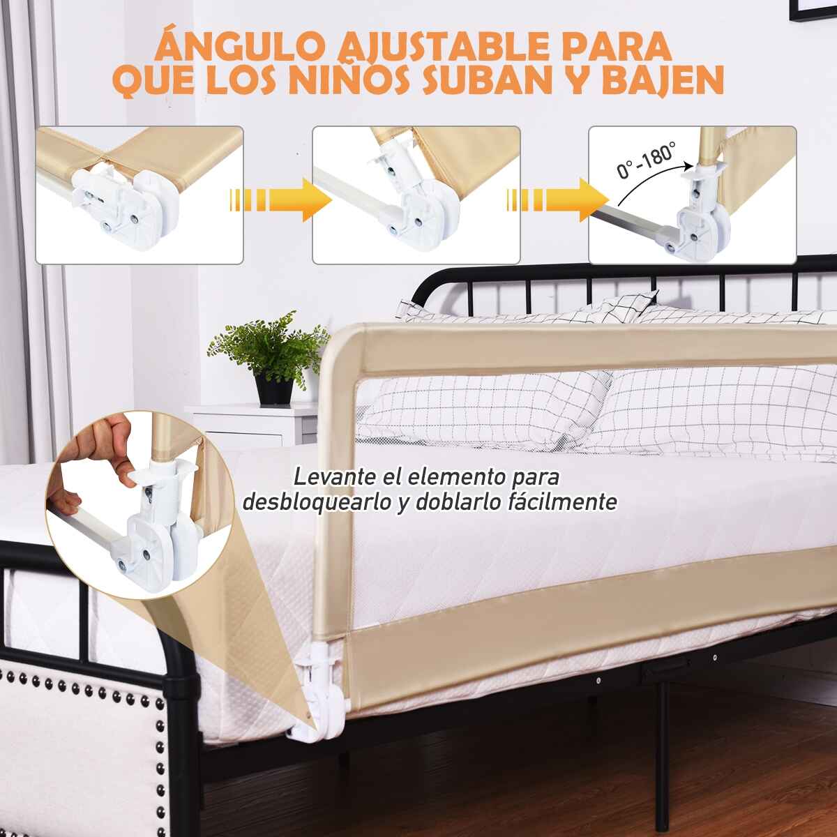 Barandilla para cama regulable beige 150 x 55 cm para cama queen y king size